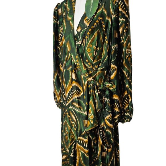 Farm Rio Pineapple Ikat Asymmetric Hem Wrap Dress, Beaded, V-Neck, Tie, Size S - Picture 10 of 12